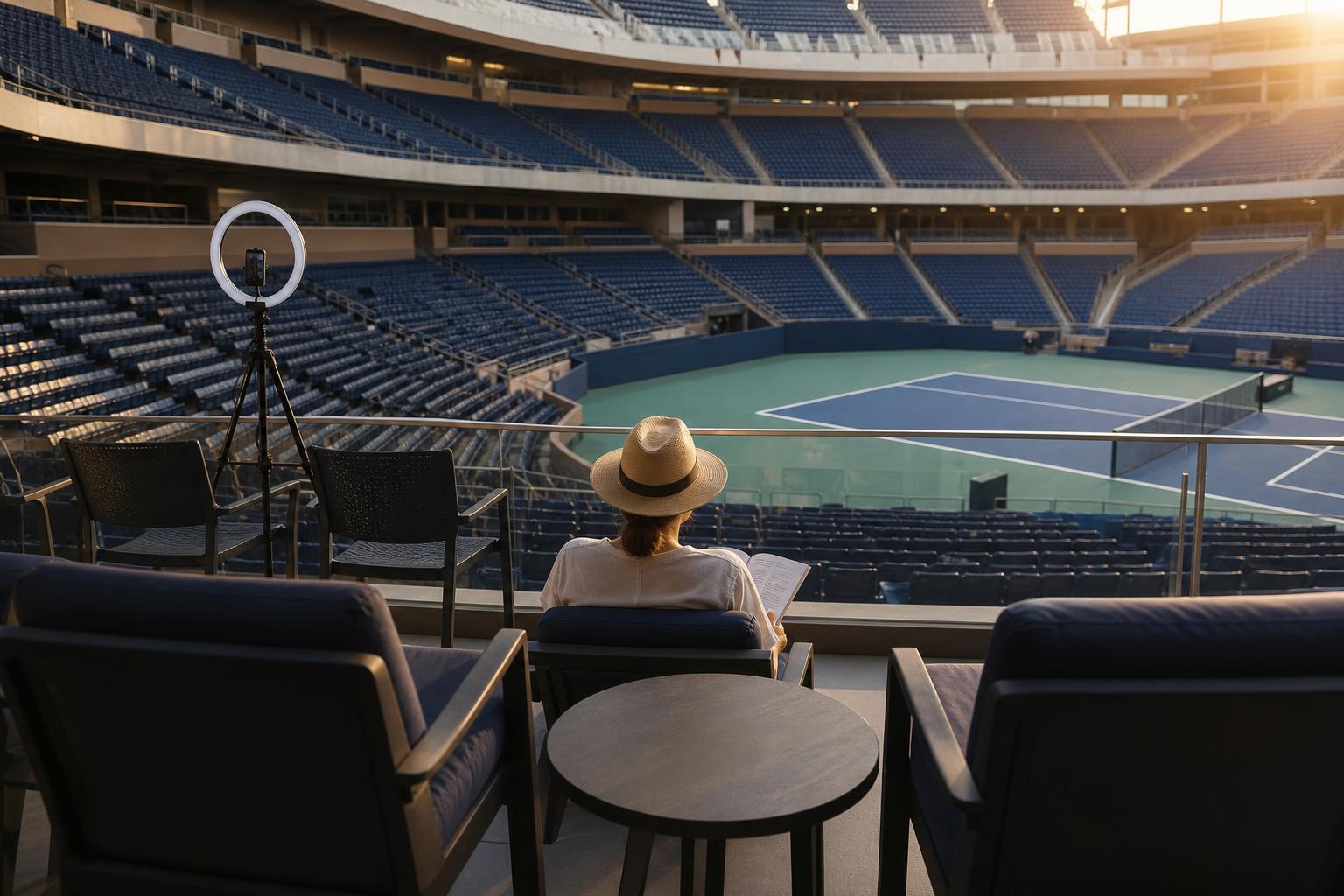 Creator equipment occupies prime courtside seating once reserved for paying spectators.