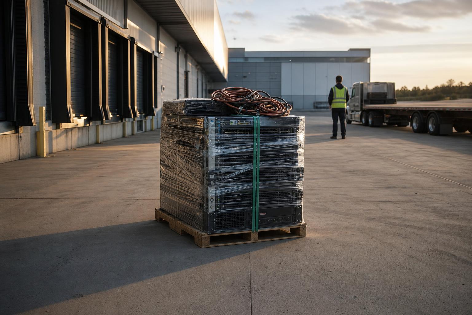 Decommissioned server hardware awaits shipment with no funded disposal pathway.