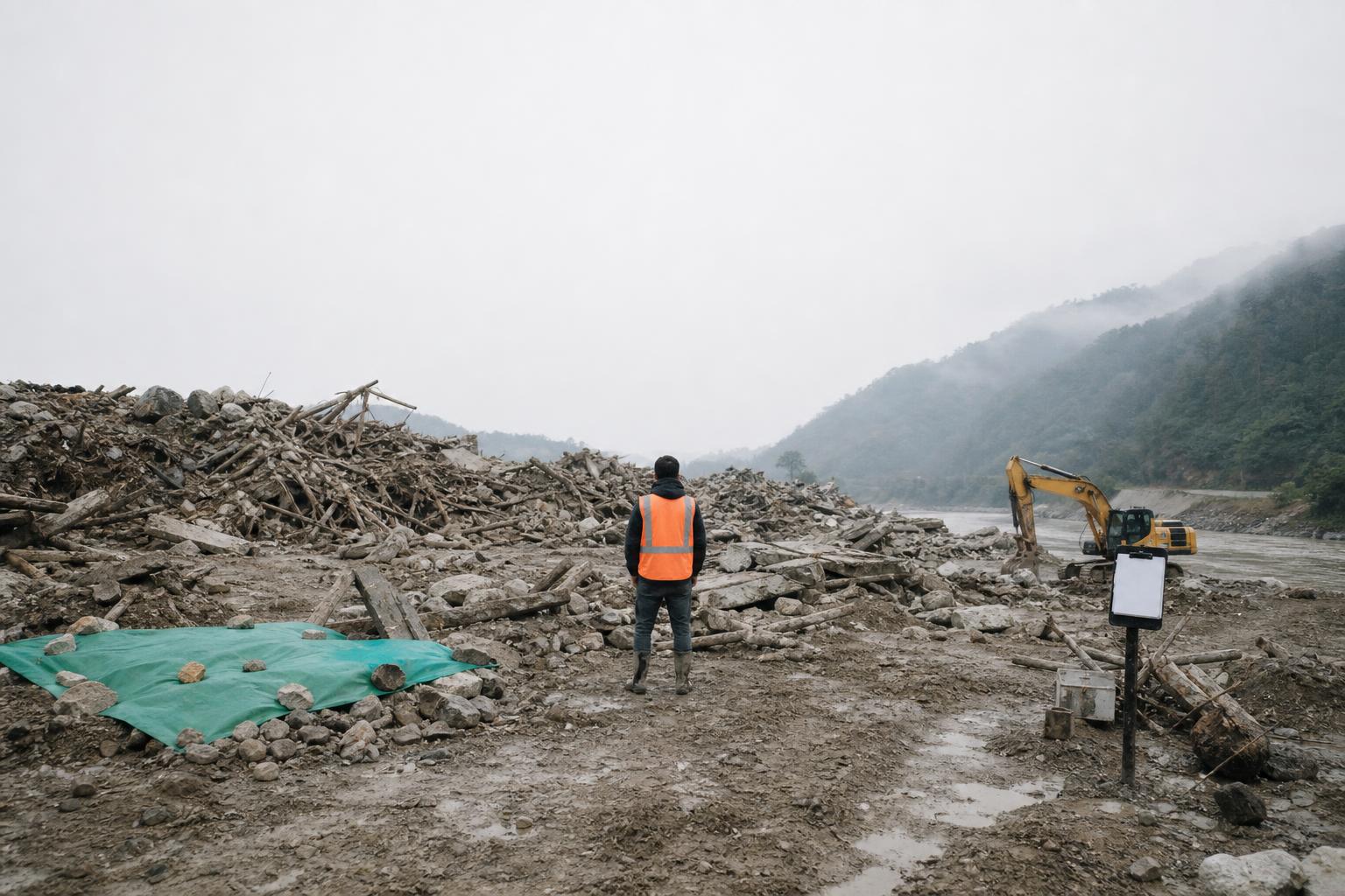 Flood debris estimated at 2.2 million tonnes still awaits removal near the Trishuli River.