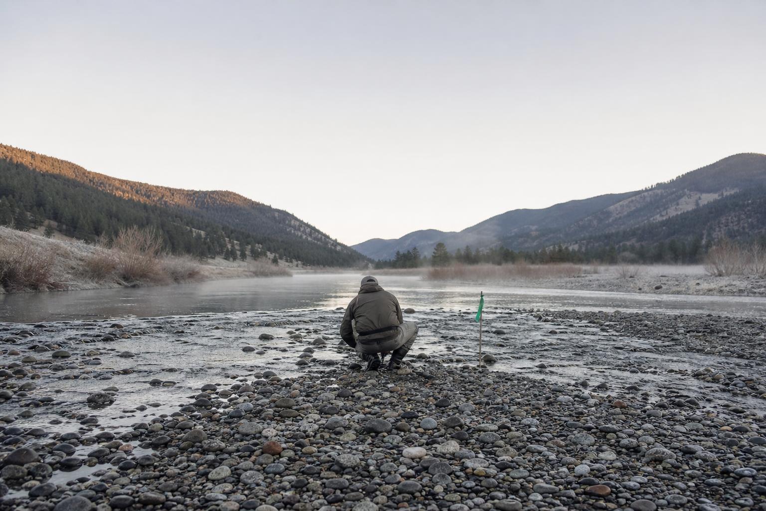 A fisheries technician measures spawning gravel where sediment from dam removal has settled.