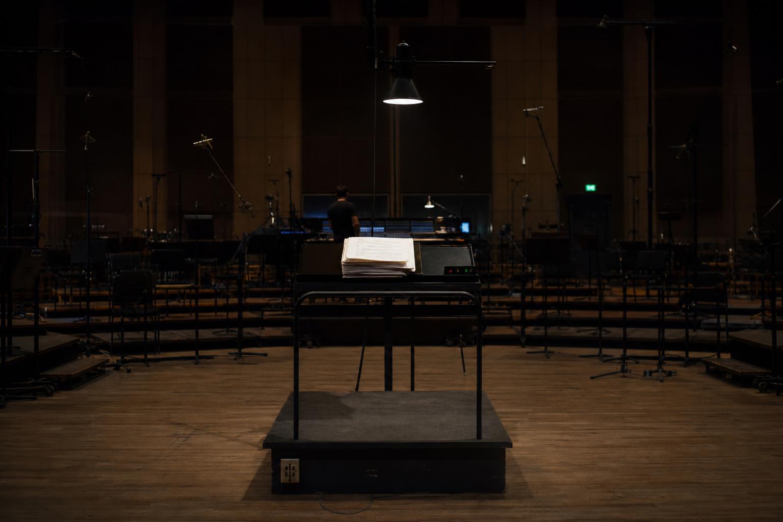 A scoring stage sits quiet after sessions for Brad Bird's noir cartoon "Ray Gunn."