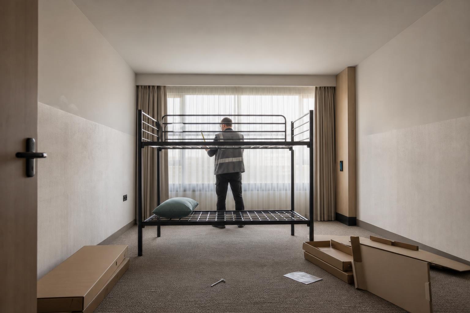 A hotel double in Greenwich being converted into a four-bed hostel room.