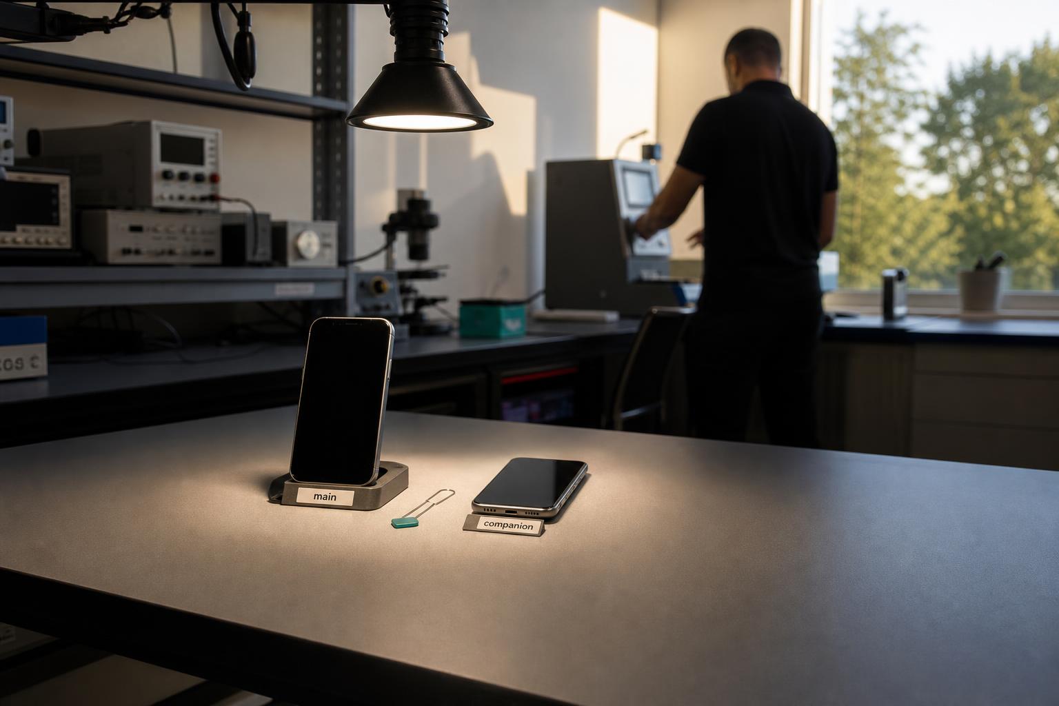 Two iPhones on a bench illustrate Apple's new shared-number Handoff feature.