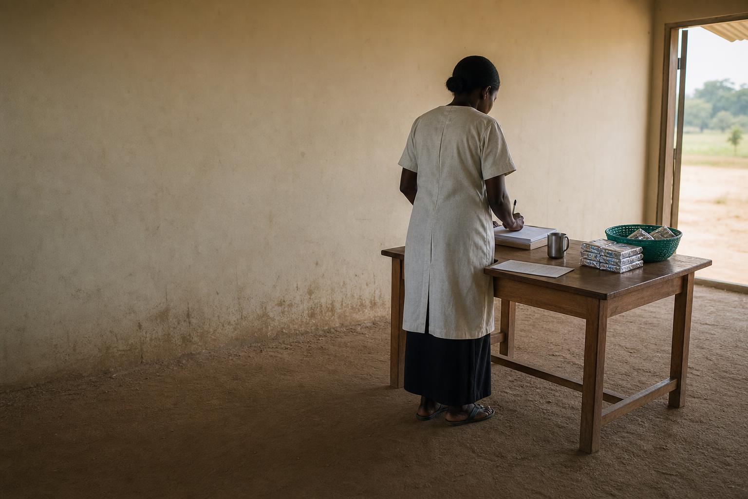 A monthly nutrition handout coincided with vaccine checks at a rural health post.