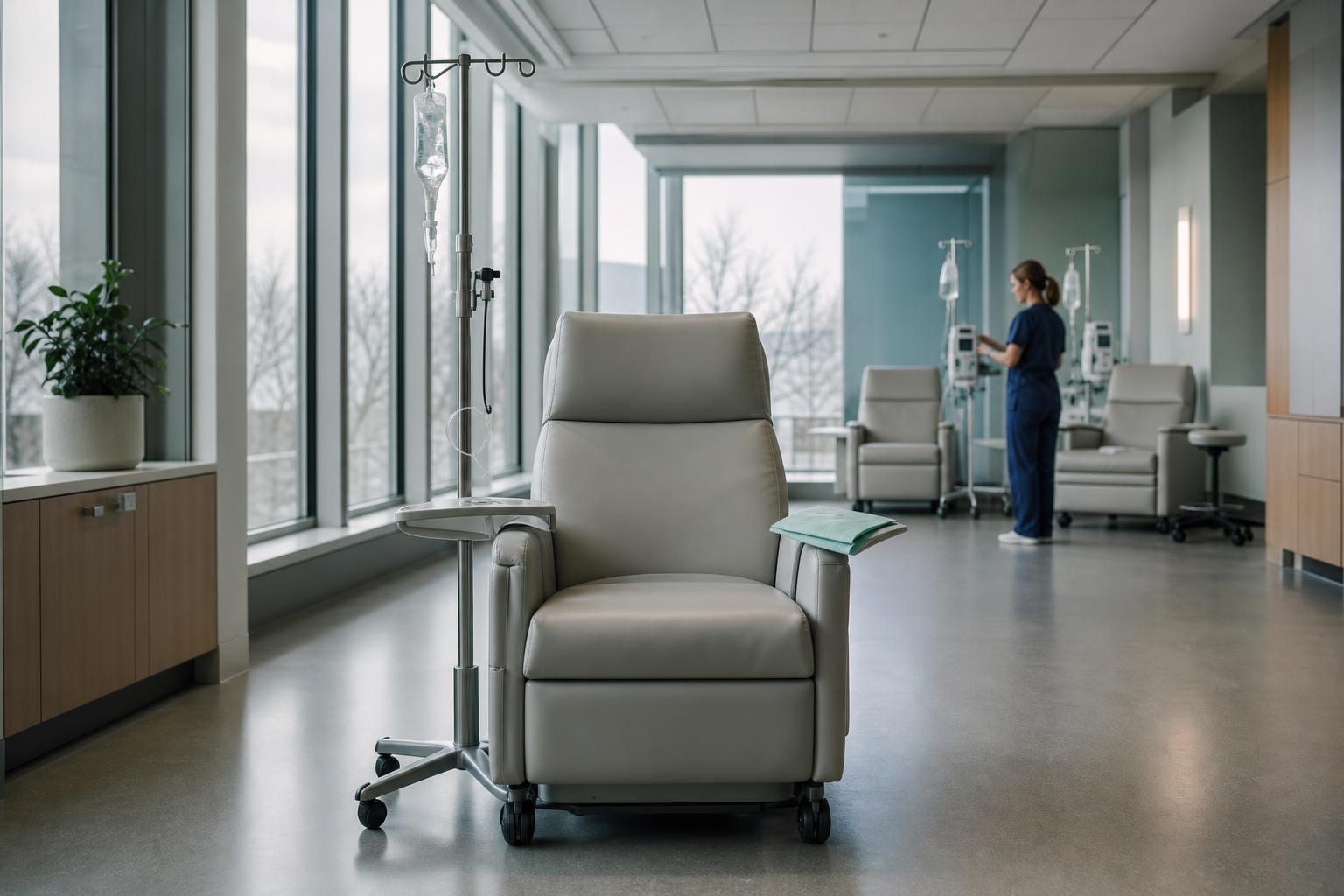 An infusion chair stands ready as chemotherapy is weighed against osimertinib alone.