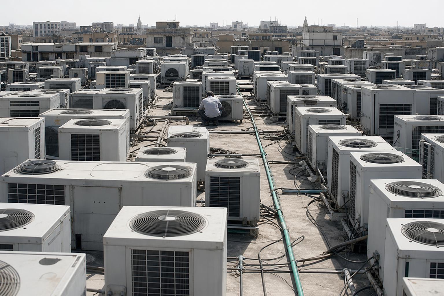 Rooftop air-conditioning units multiply across a city as cooling demand strains the power grid.