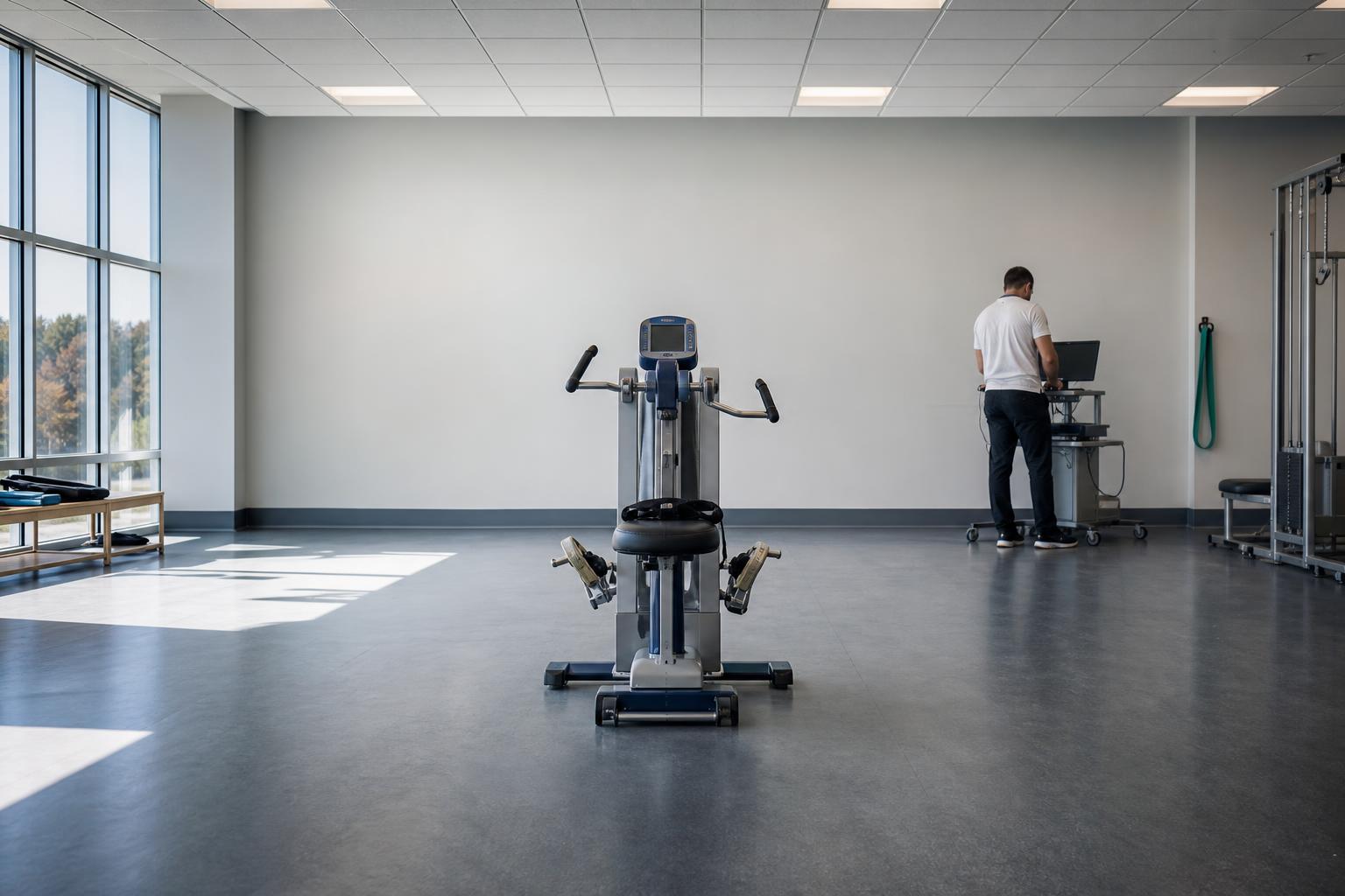 An arm ergometer stands idle in a rehab gym, the machine tested more than the life it serves.