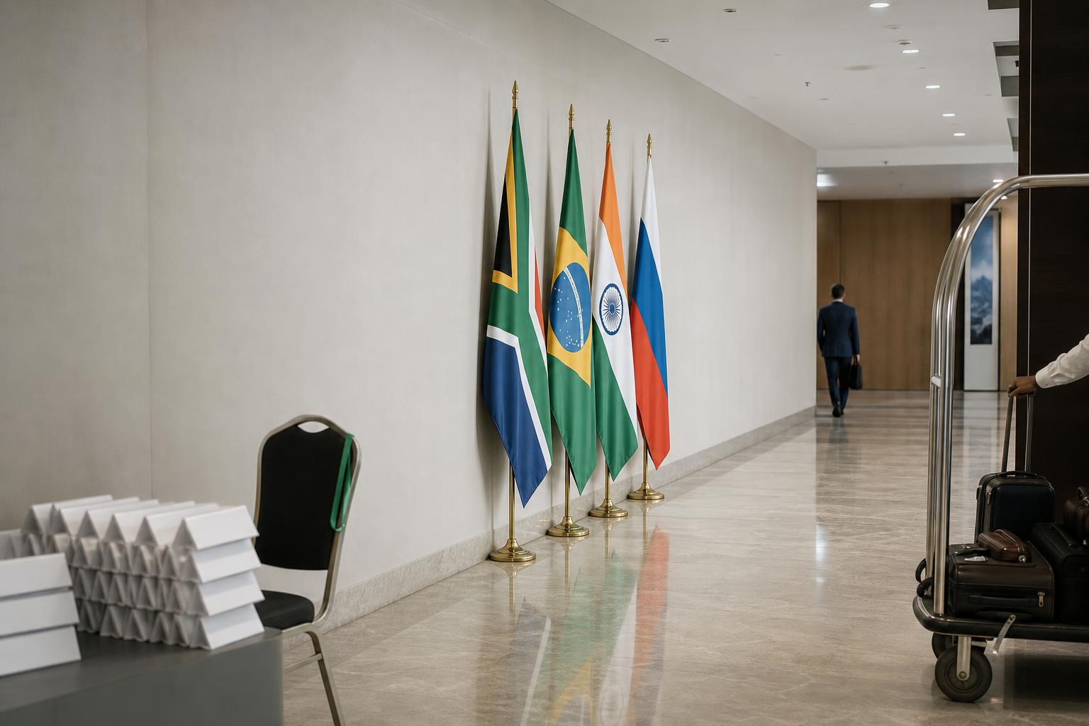 Flags and lanyards await delegates at a BRICS tourism ministers' meeting in Jaipur.
