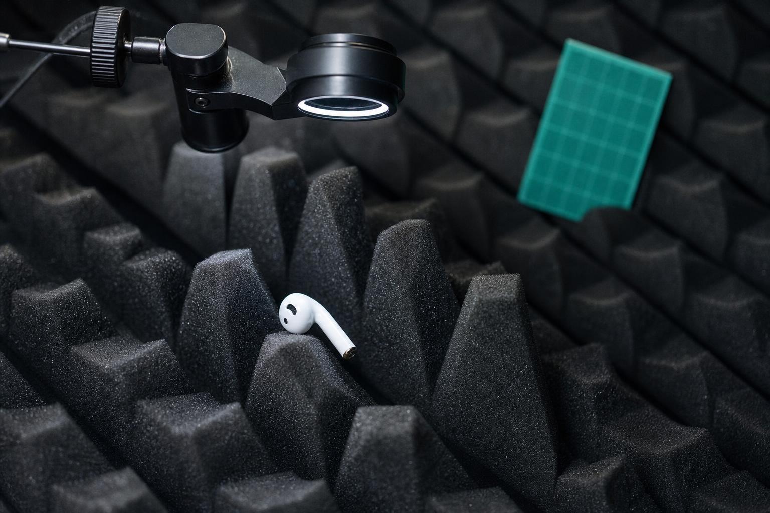 A single AirPod undergoes bench testing amid unconfirmed reports of a built-in camera.