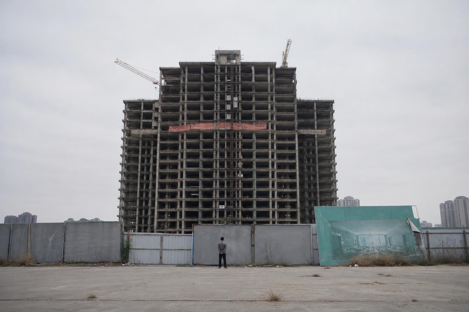 An unfinished tower stands behind a watchman as China's property slump nears its bottom.