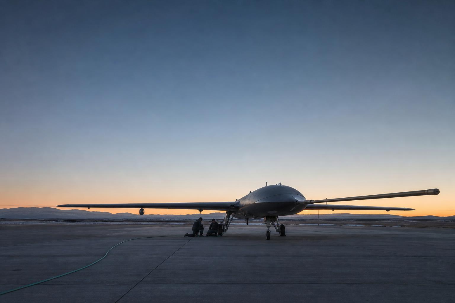 An unmarked high-altitude aircraft of the kind proposed for stratospheric aerosol injection sits fueled at dusk.