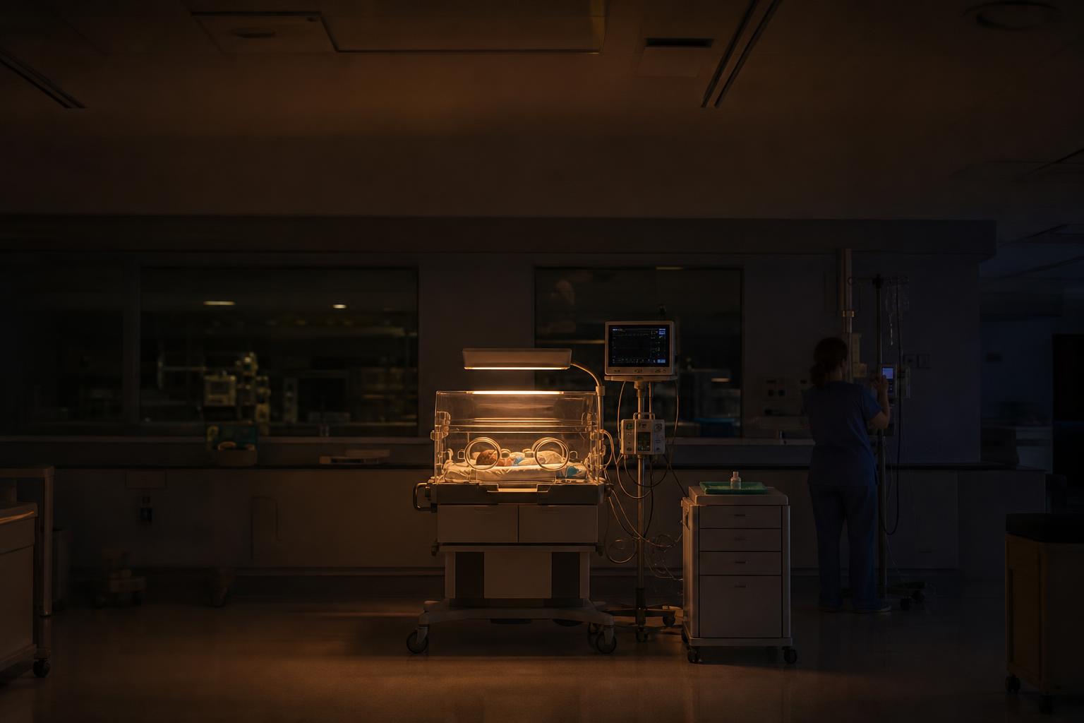 An incubator and caffeine vial in a neonatal unit at night.