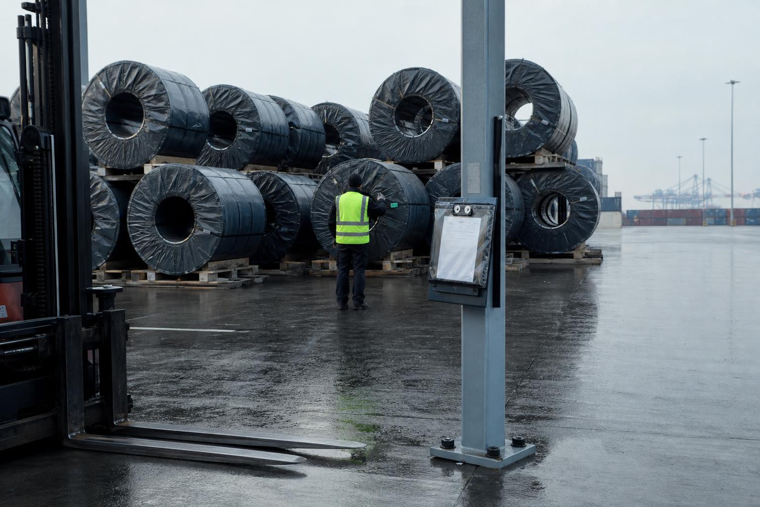 Steel coils awaiting customs clearance under the EU's new carbon border charge.
