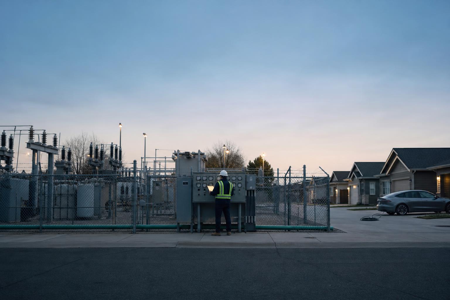 A utility substation at dusk, where slower EV growth lands as a smaller demand curve.