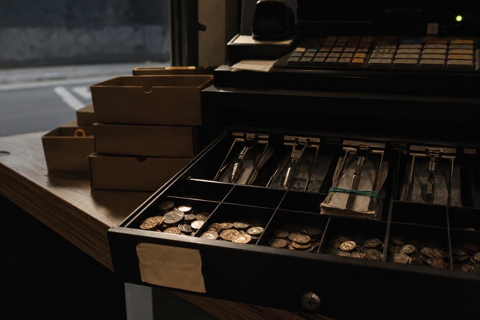 A shop till at day's end shows the coins and notes cash customers still rely on.