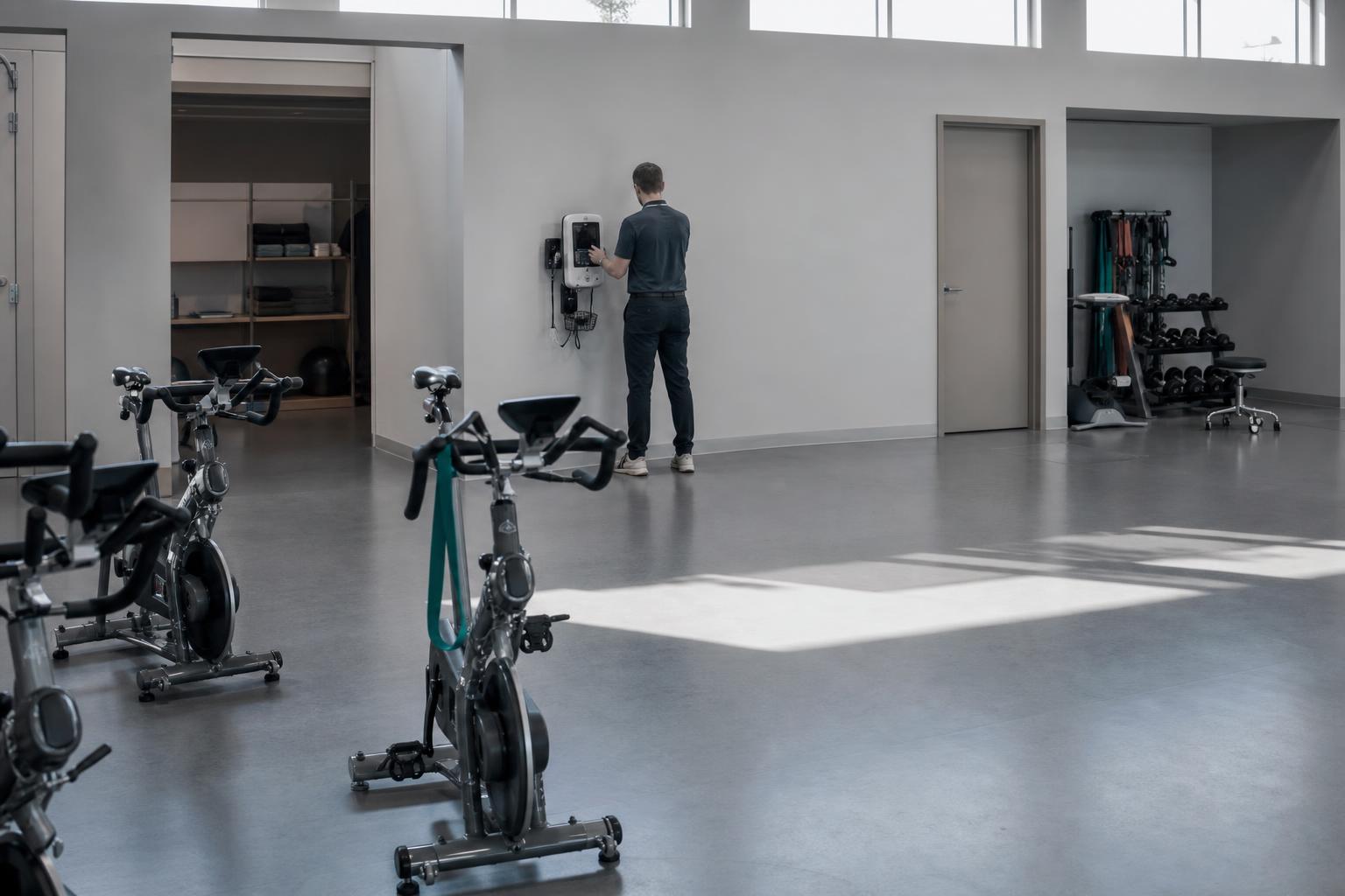 An empty cardiac rehabilitation gym where supervised exercise sessions take place.