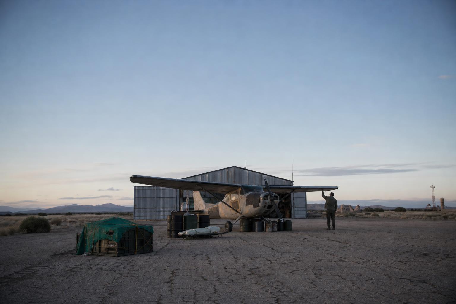 A production stills frame evokes the film's remote airstrip setting central to its plot.