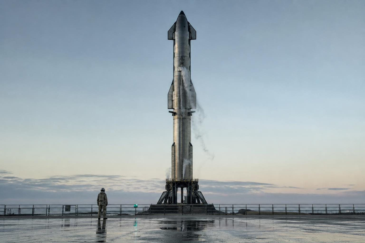 A Starship on its pad illustrates the launch rate Google's orbital data center plan requires.