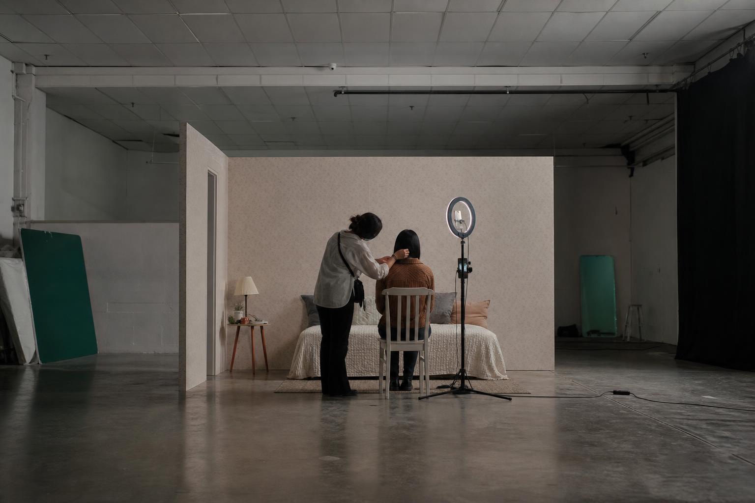A vertical-format drama shoots on a stripped-down set built for phone screens.