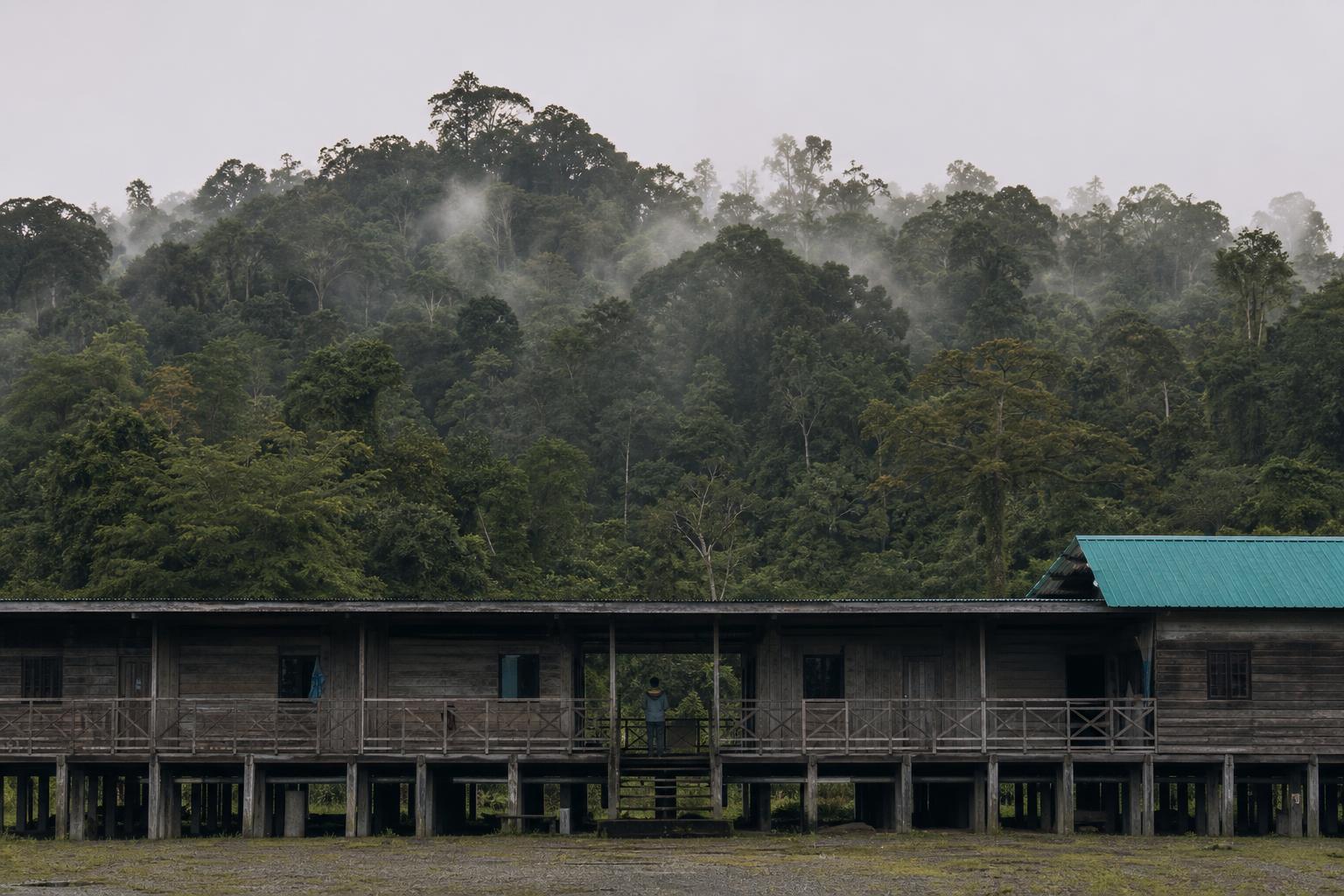 A longhouse resident looks toward intact forest that Malaysia's climate plan leaves unfunded.