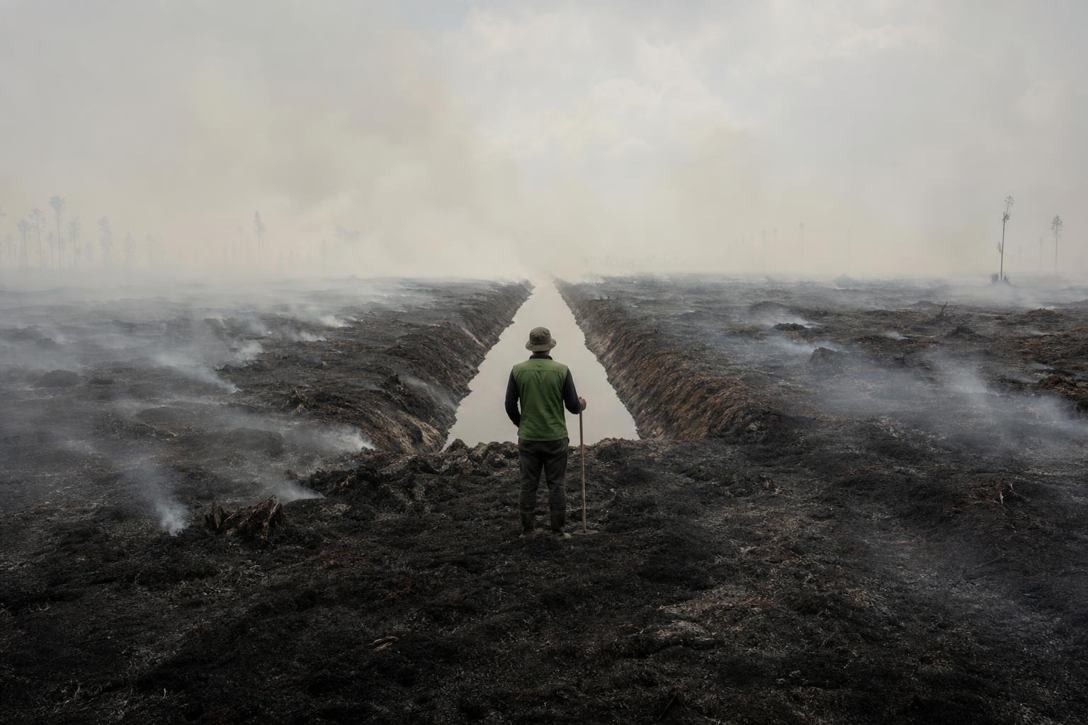 Drained peatland in Kalimantan smoulders underground during the 2026 dry season.