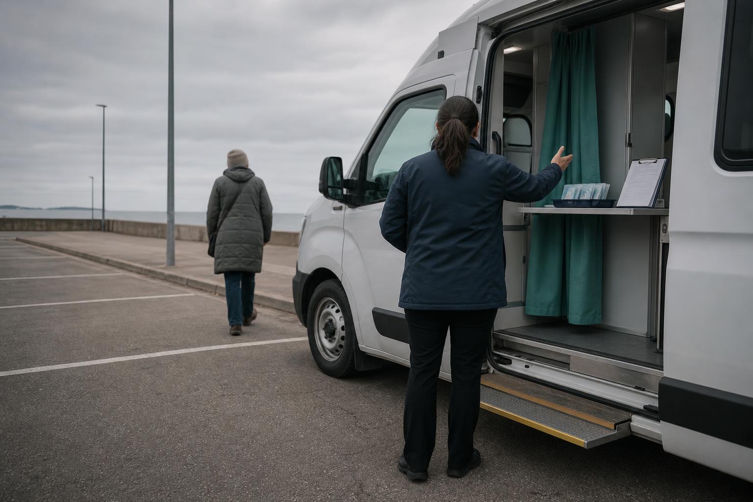 A mobile testing van offers walk-up hepatitis C screening in a parking lot.