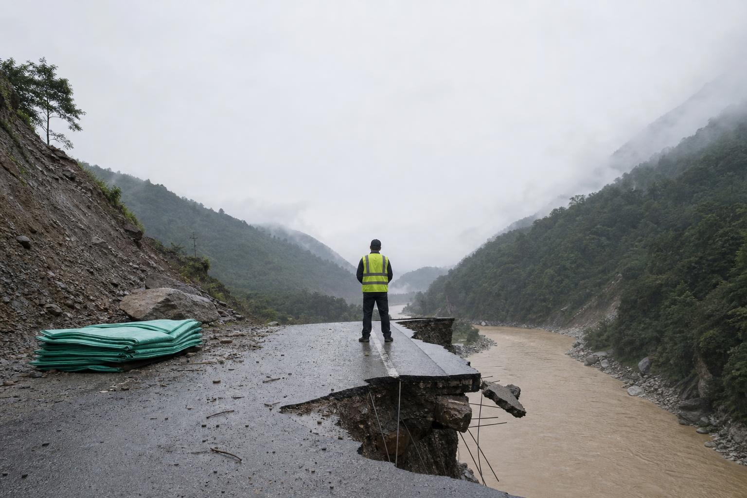 A landslide-severed road above Melamchi shows the scale of Nepal's flood-rebuilding bill.