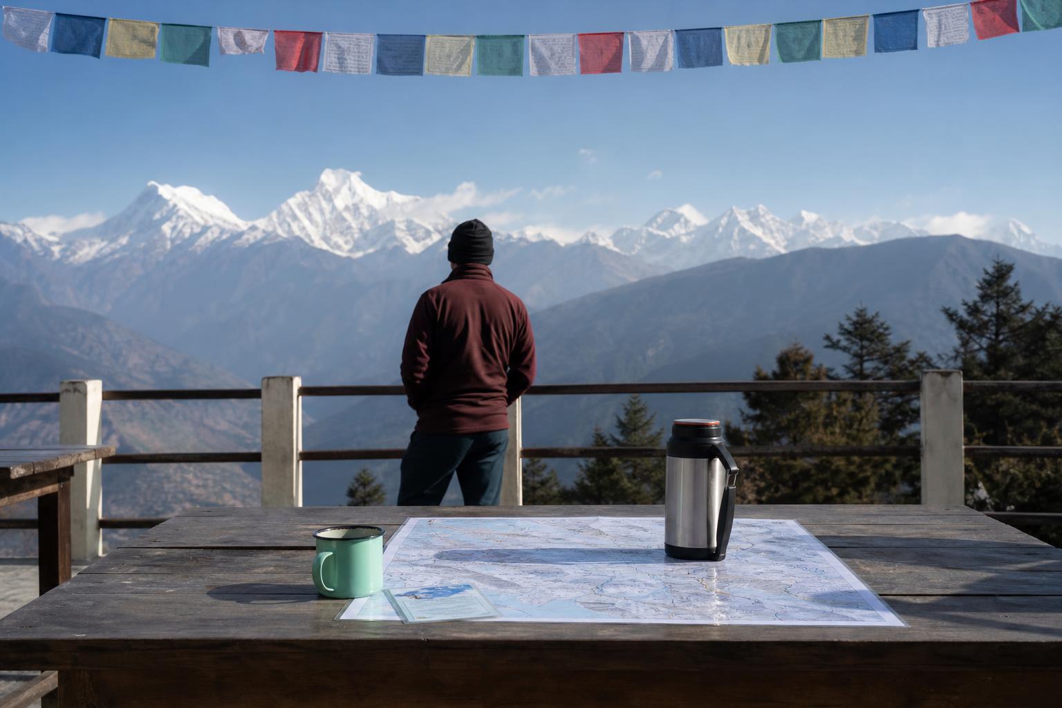 A lodge terrace on the Annapurna trail, unaffected and open for trekkers this season.