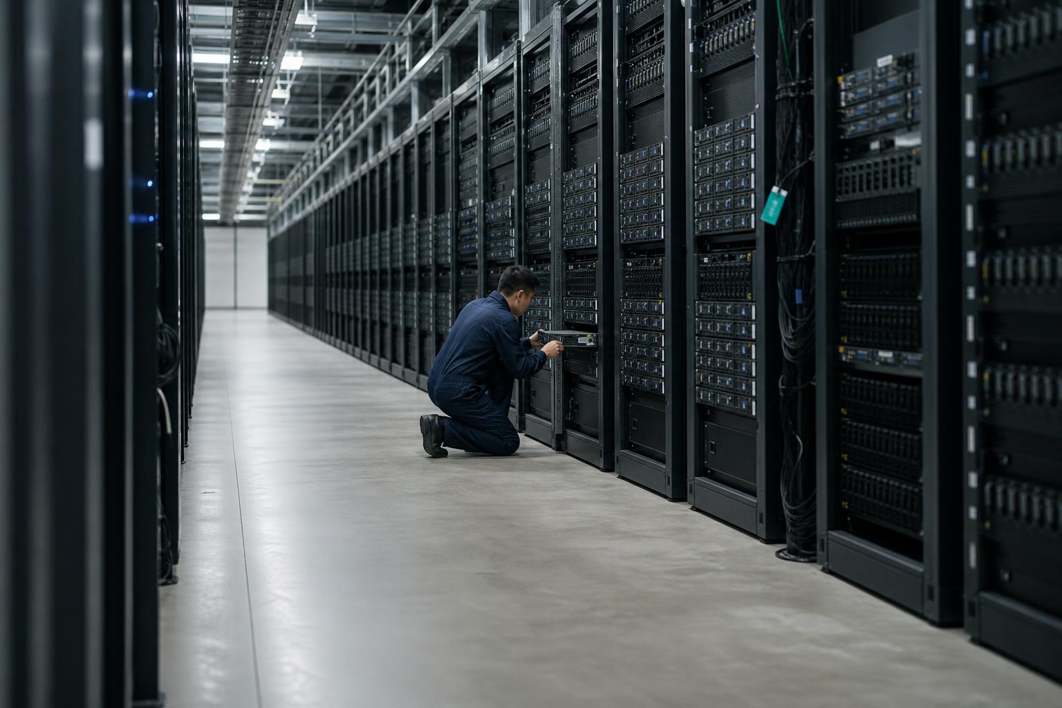 Server racks stand for the repository of model weights Nvidia is reportedly buying.