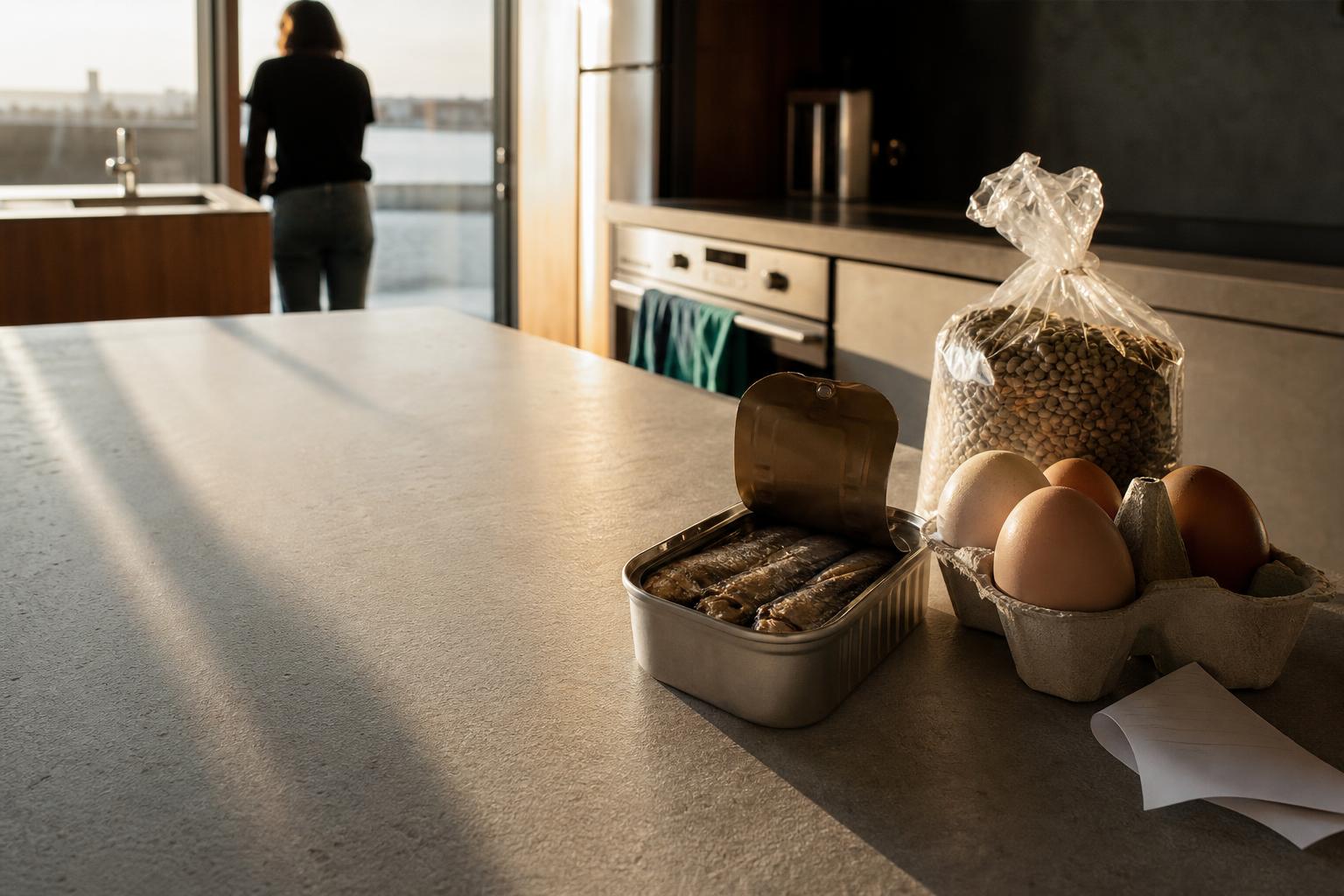 Ordinary protein-rich foods sit on a kitchen counter at evening light.