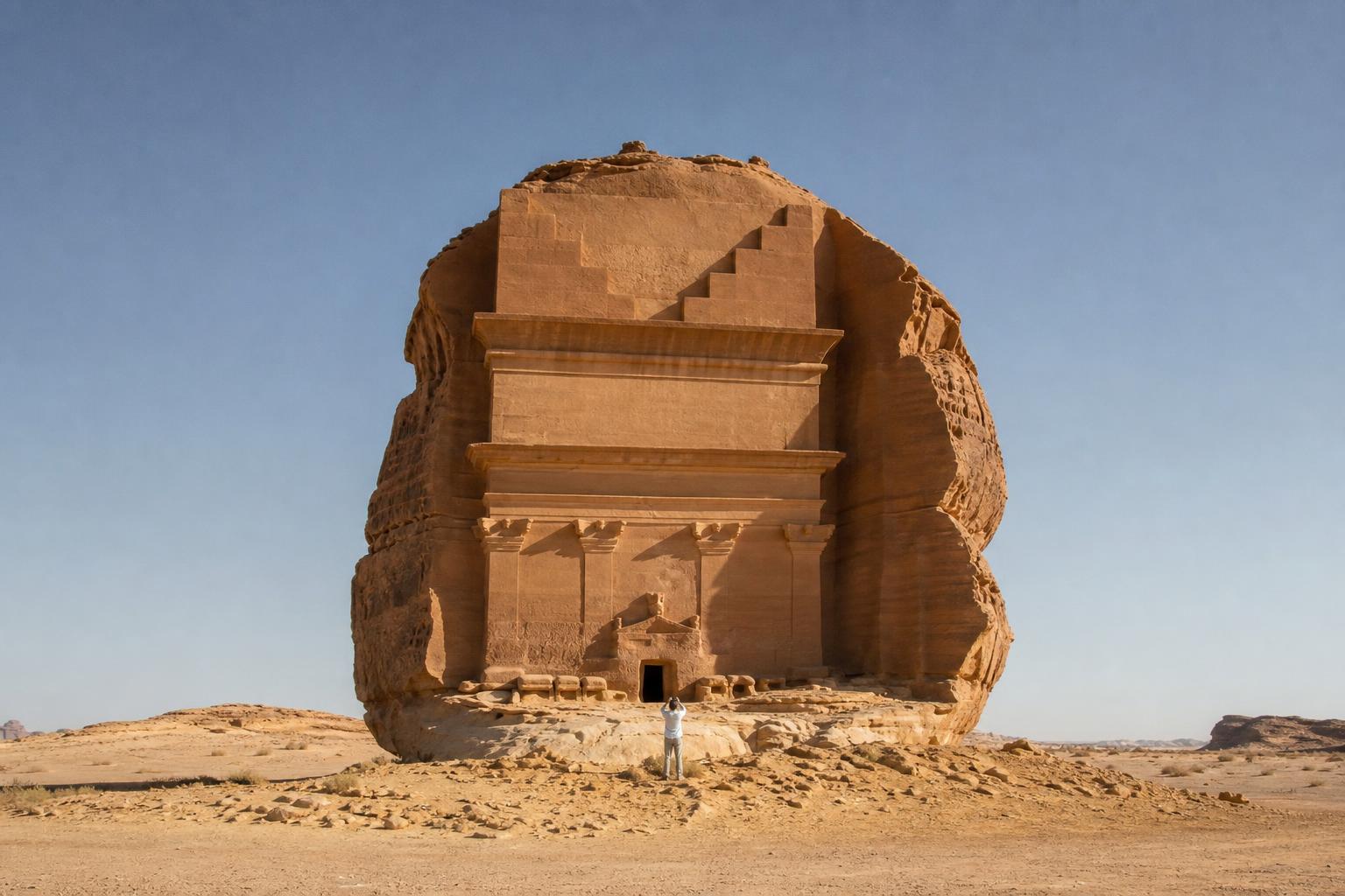 A visitor stands before the rock-cut tombs of AlUla, opened to tourism in 2019.