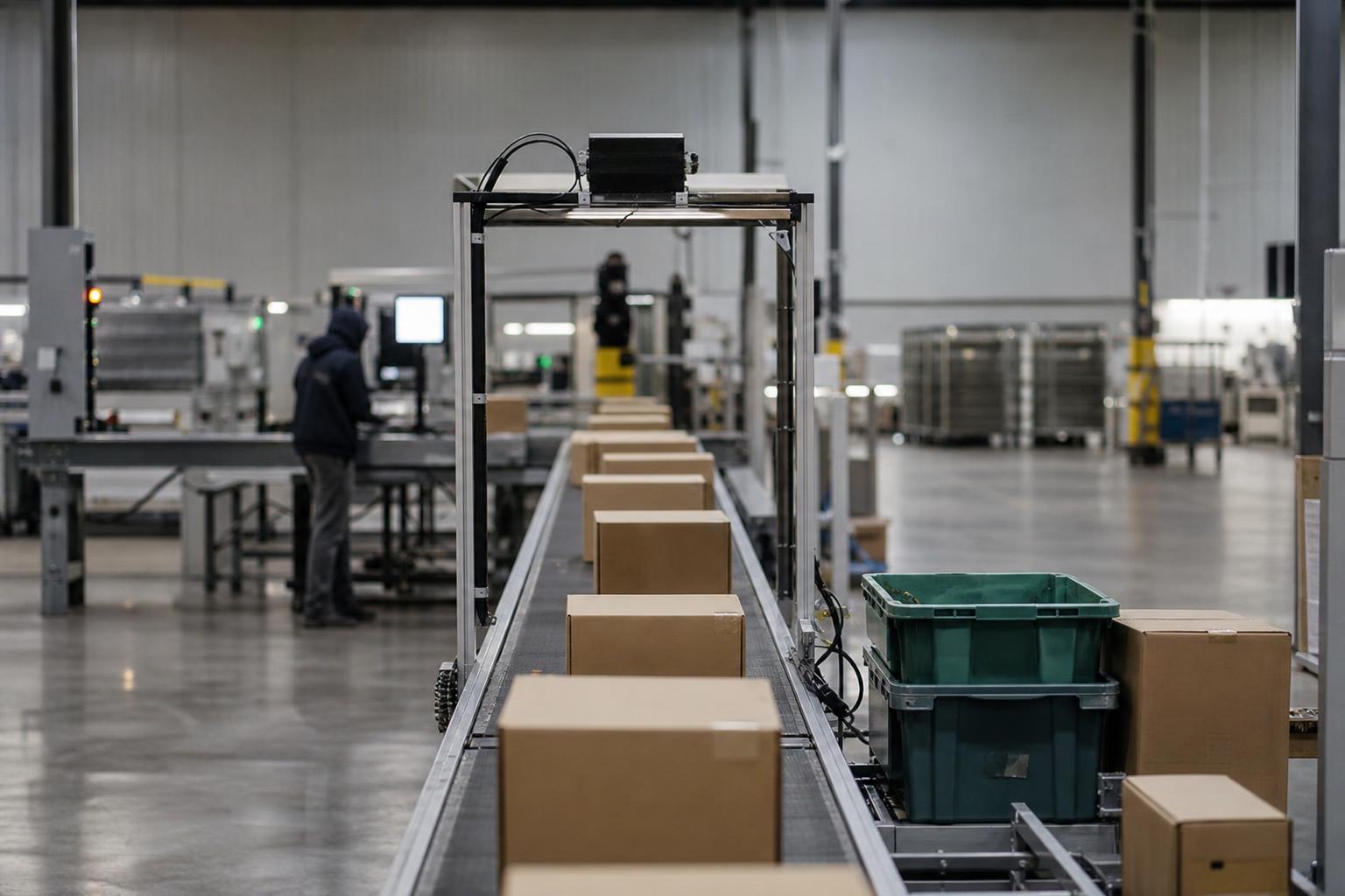 Boxes from different retailers move through a warehouse sorting line.