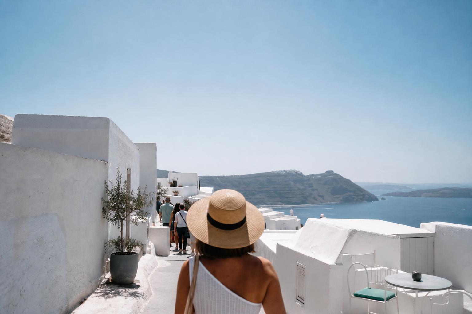 Tourists crowd a whitewashed Santorini lane during peak midday season.