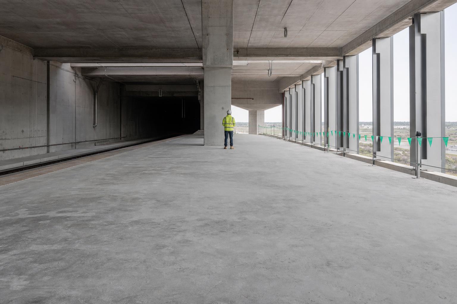 Construction of the airport's rail link continues months after flights were due to begin.