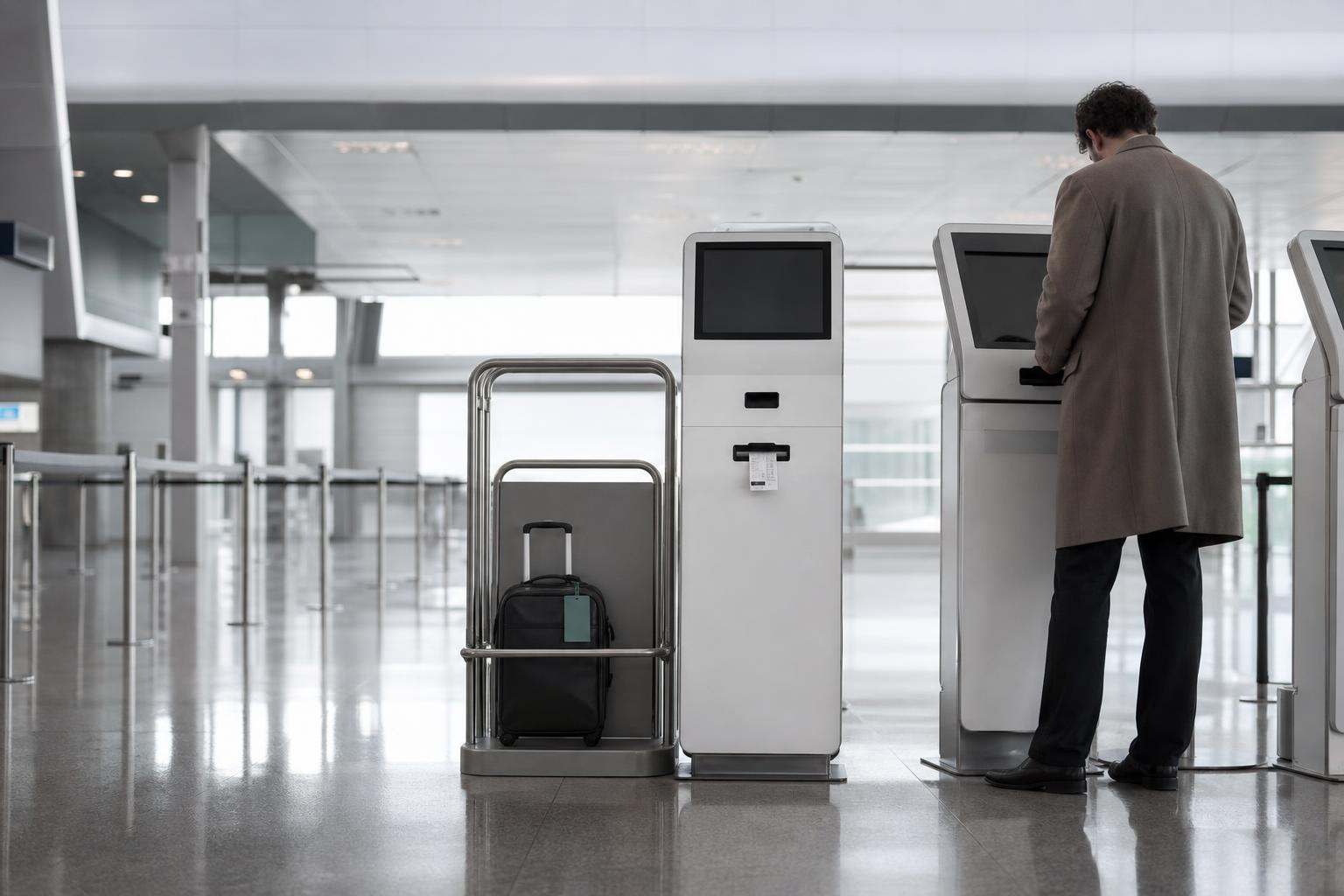 A carry-on bag is measured against an airport sizing cage before boarding.