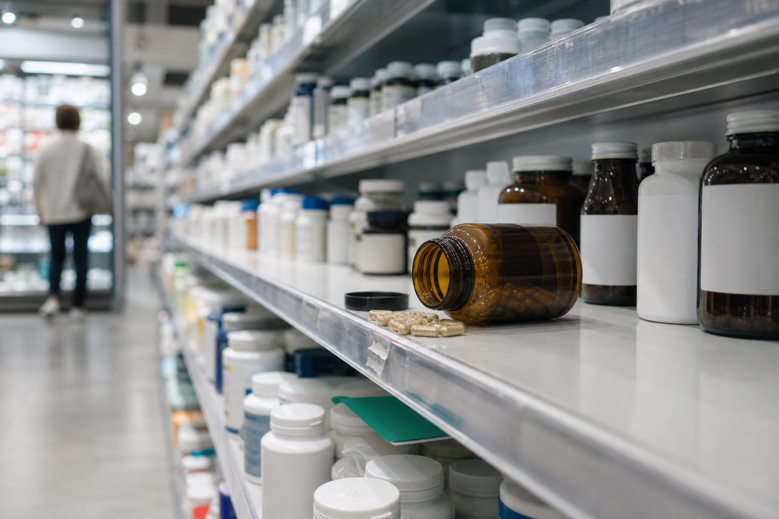 Rows of supplement bottles line a pharmacy shelf, one spilled open.