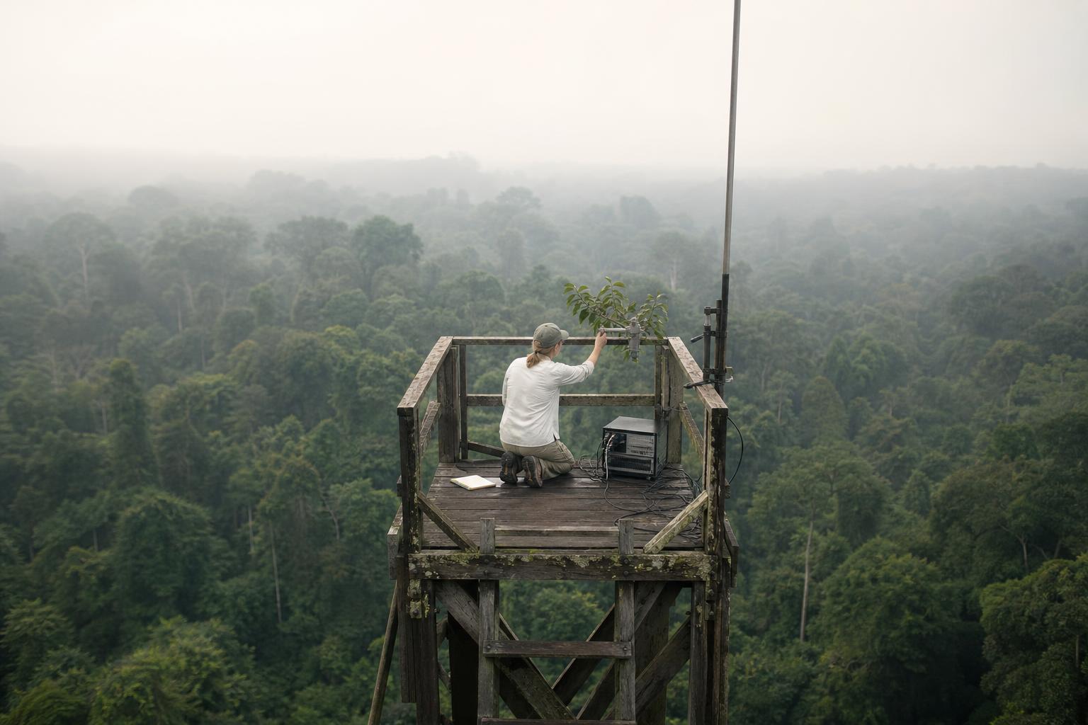 A researcher measures leaf gas exchange as smoke haze settles over the Amazon canopy.