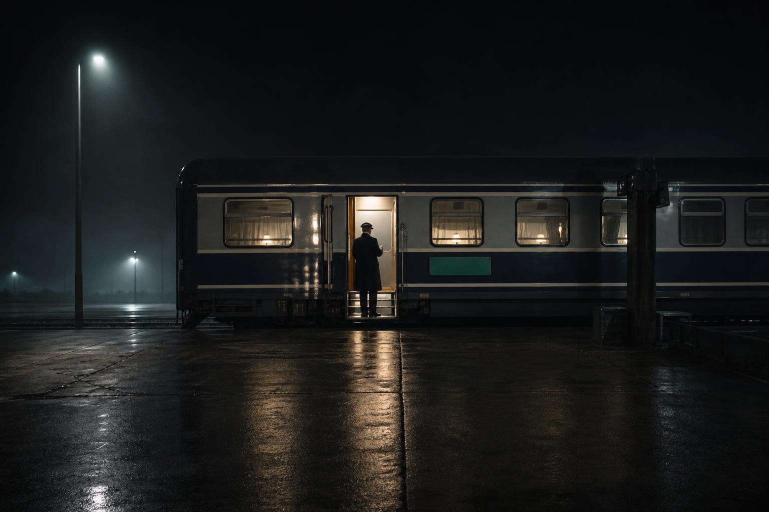 A sleeper carriage waits at a border-crossing platform before dawn.
