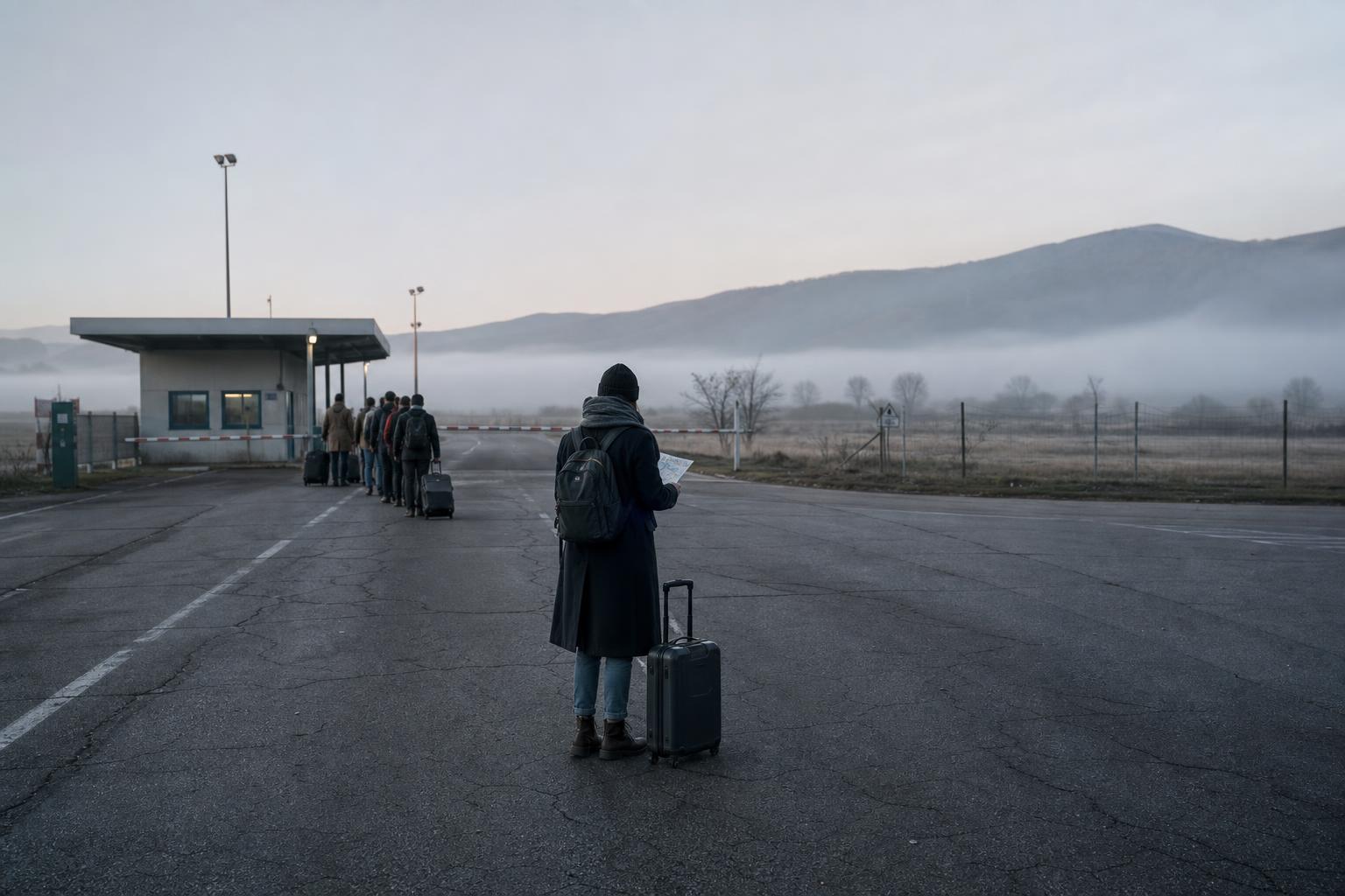Travellers cross a border at dawn as ninety-day visa clocks reset.