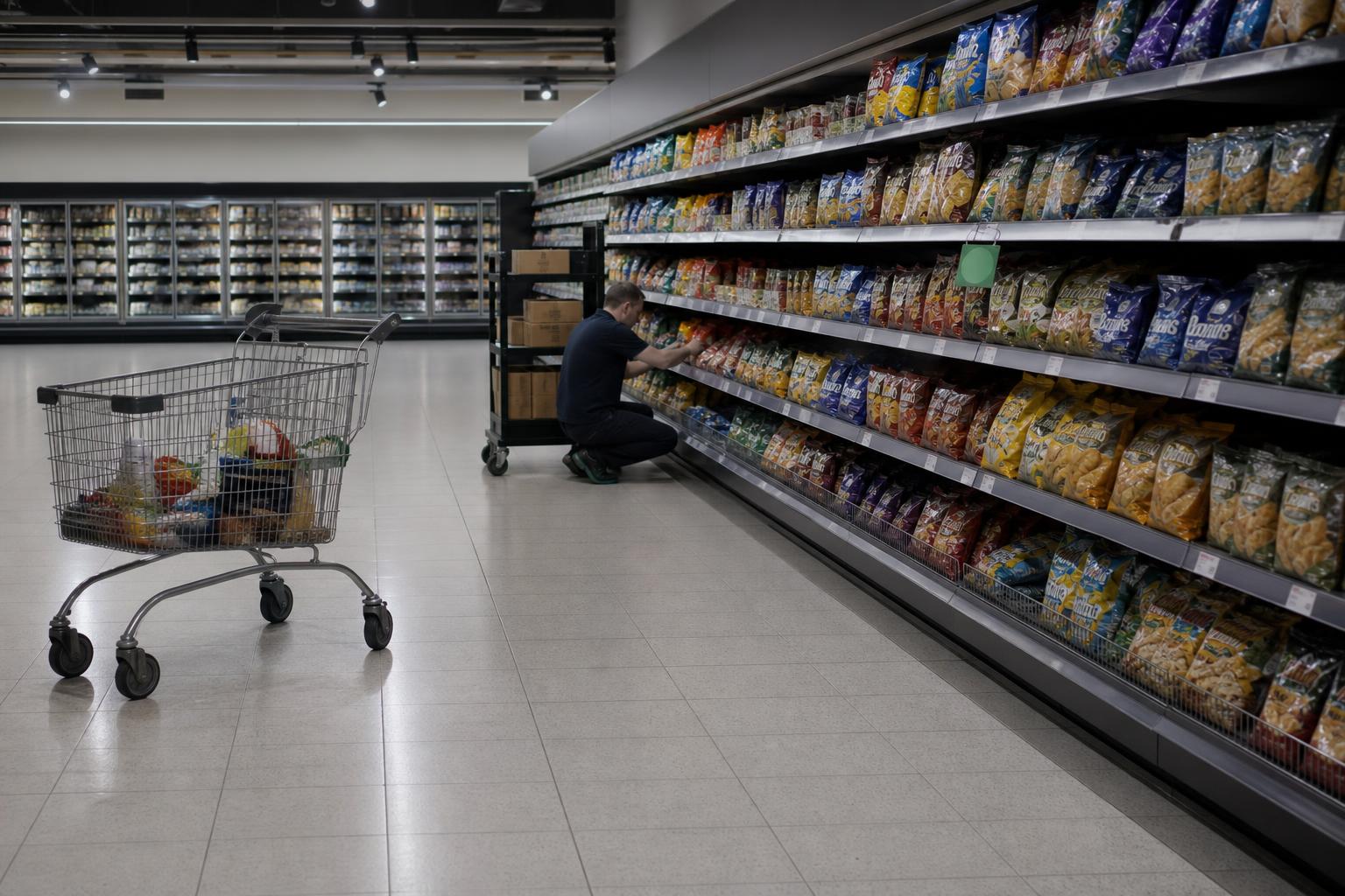 A supermarket restocks smaller portion sizes as shopper habits shift.