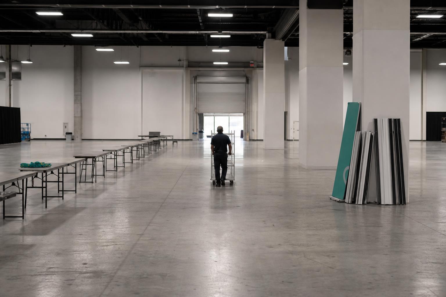 An empty convention hall before a wellness expo opens, with no agency behind the label.