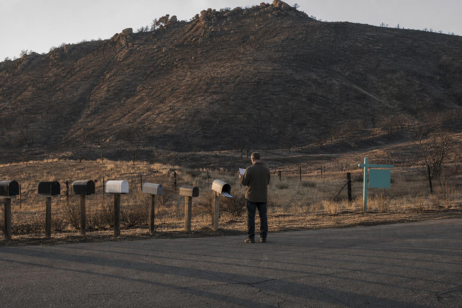 A homeowner reads a non-renewal letter on a wildfire-exposed street.