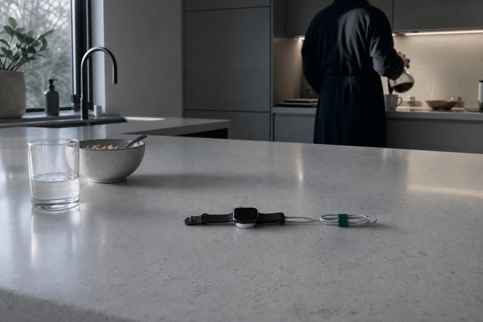 A fitness tracker sits unchecked on a kitchen counter in the morning.