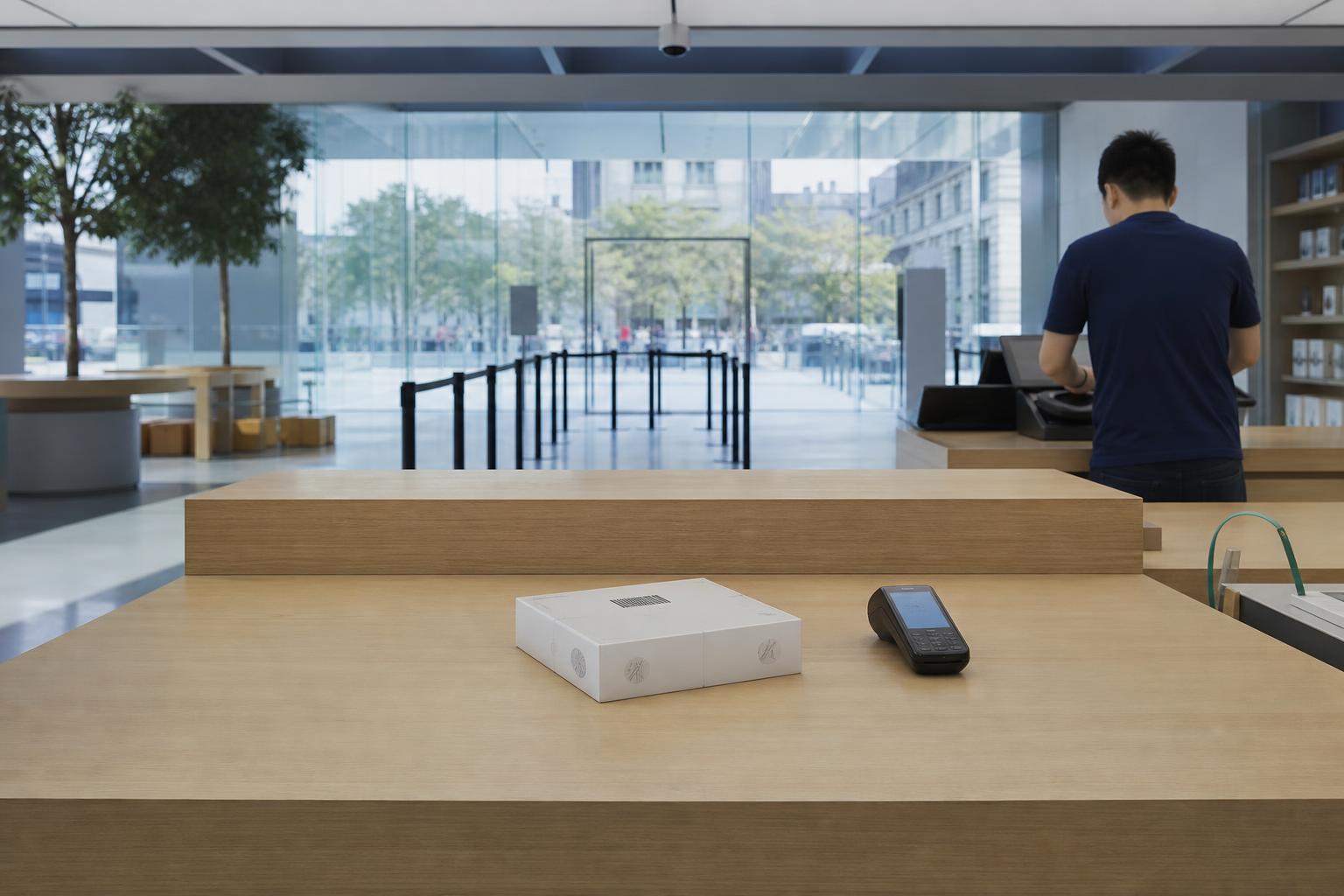 An Apple Store checkout, where a phone's serial number is matched to a buyer's name.